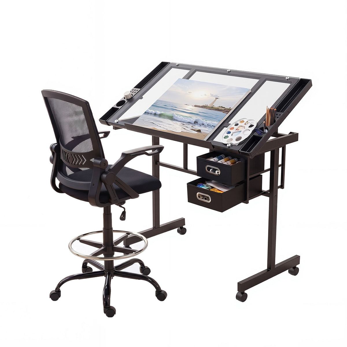 Artiss Drawing Table and Drafting Chair Set with Tempered Glass Top