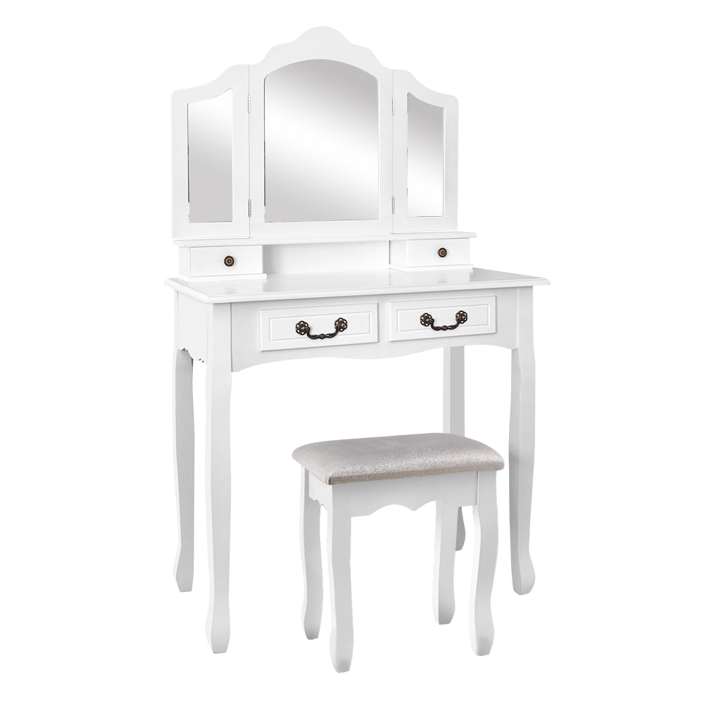 Provincial White Dressing Table Stool Set Foldable Mirror