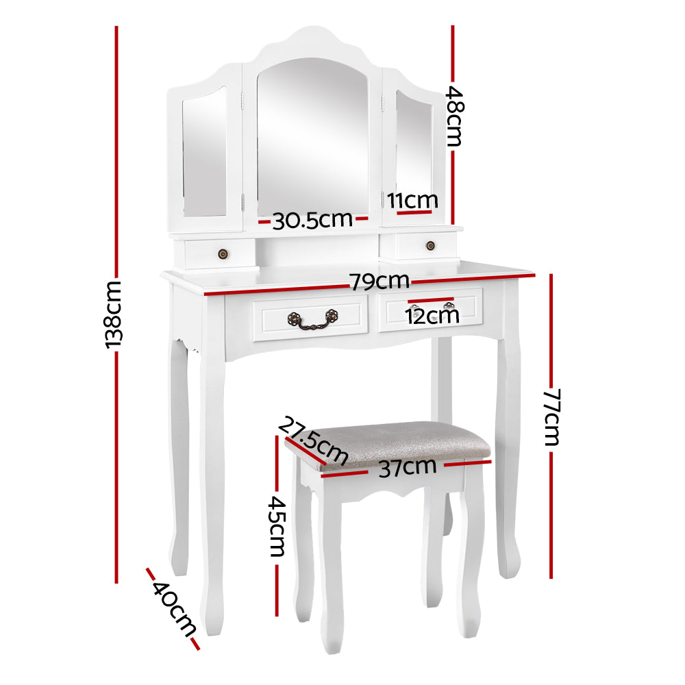 Provincial White Dressing Table Stool Set Foldable Mirror