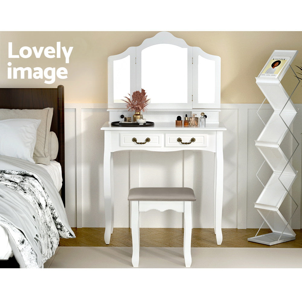 Provincial White Dressing Table Stool Set Foldable Mirror