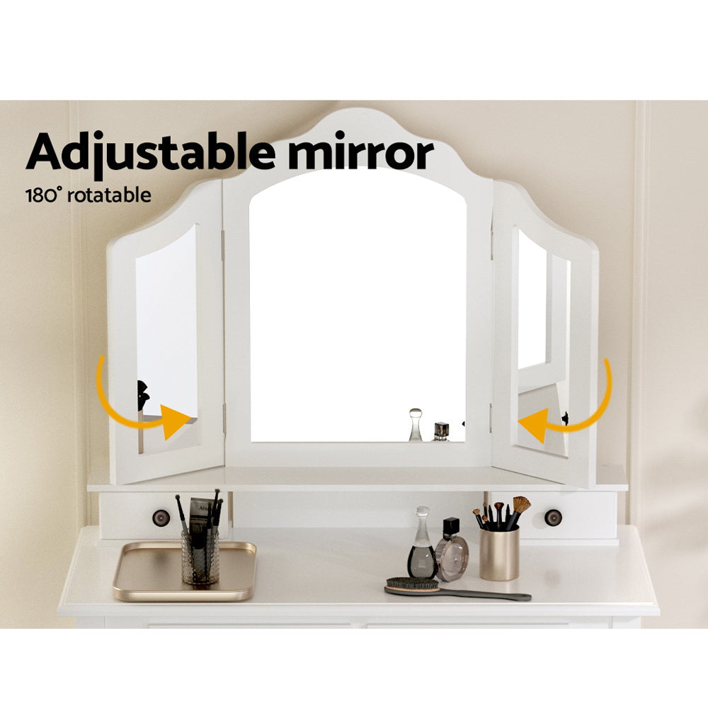 Provincial White Dressing Table Stool Set Foldable Mirror