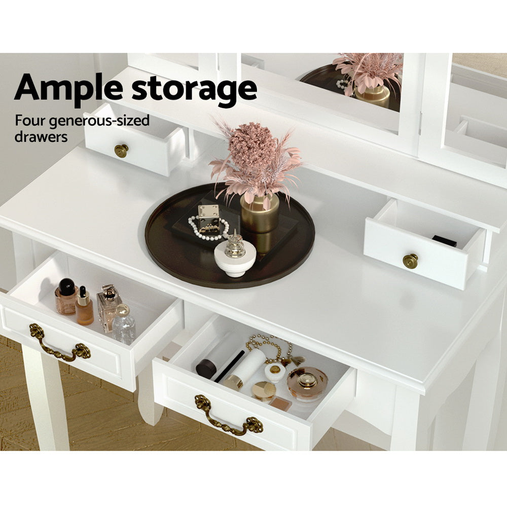 Provincial White Dressing Table Stool Set Foldable Mirror