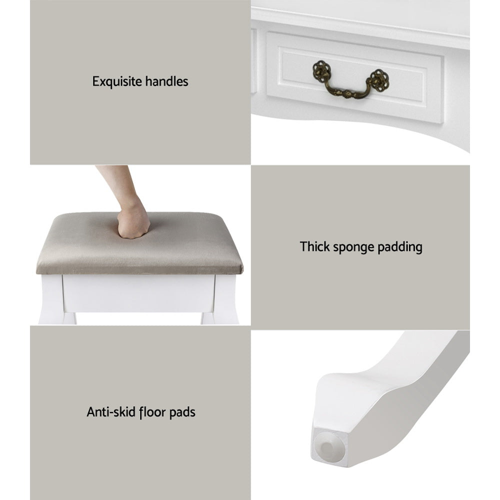 Provincial White Dressing Table Stool Set Foldable Mirror