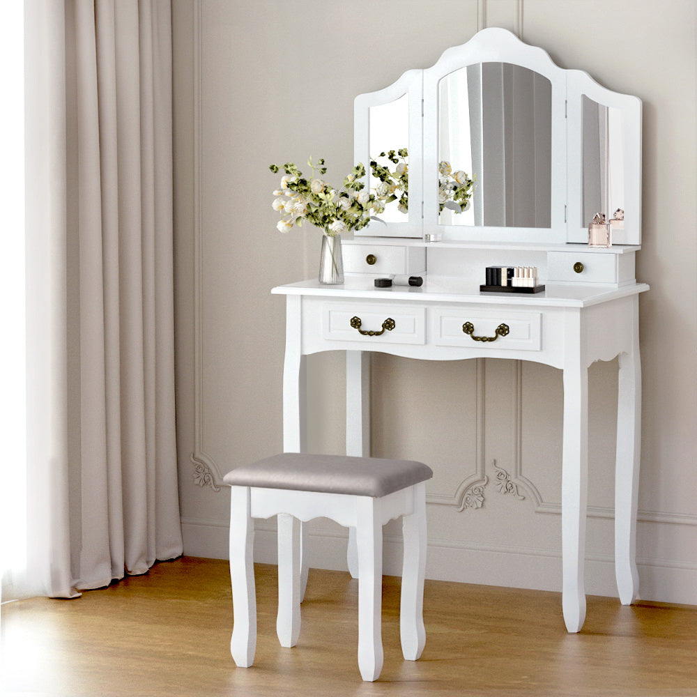 Provincial White Dressing Table Stool Set Foldable Mirror