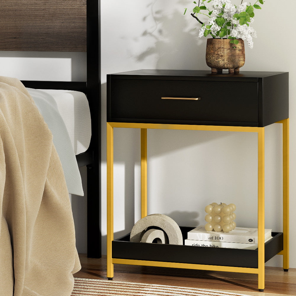 Mason Bedside Table with Drawer and Shelf Black