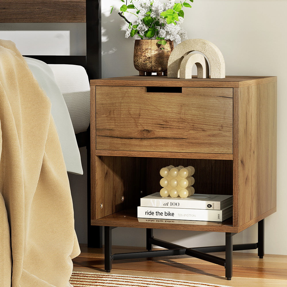 Kravu Bedside Table with Drawer and Shelf Rust Oak
