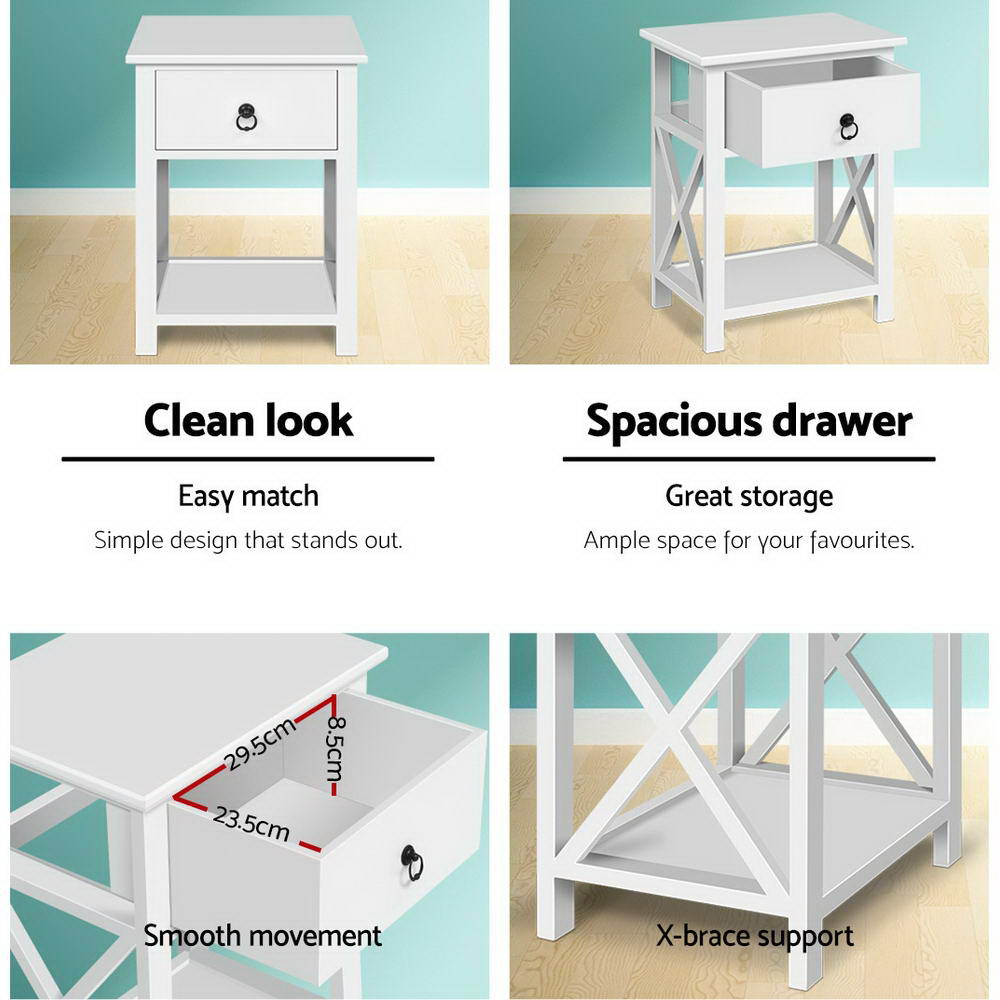 EMMA White Bedside Tables 1 Drawer with Shelf (Set of 2)