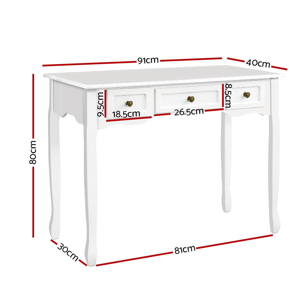 Hamptons Console Table 3 Drawers White Vintage Style