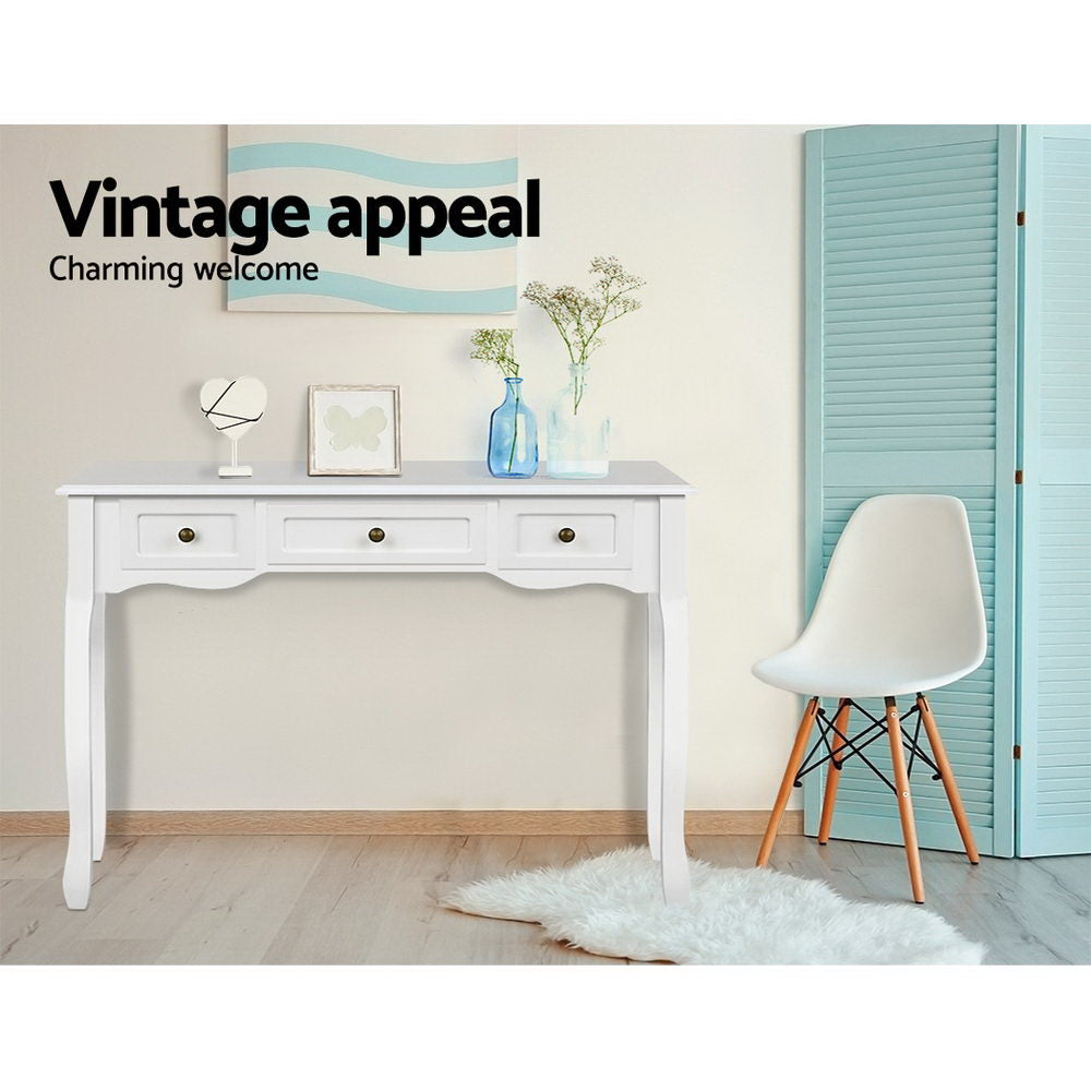 Hamptons Console Table 3 Drawers White Vintage Style