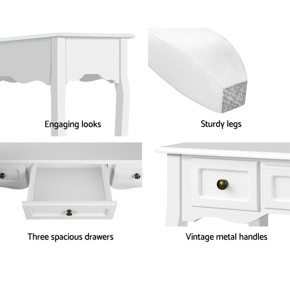Hamptons Console Table 3 Drawers White Vintage Style