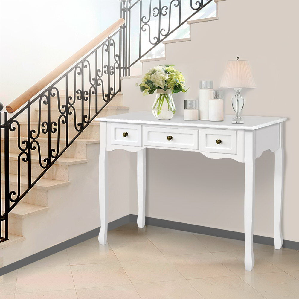 Hamptons Console Table 3 Drawers White Vintage Style