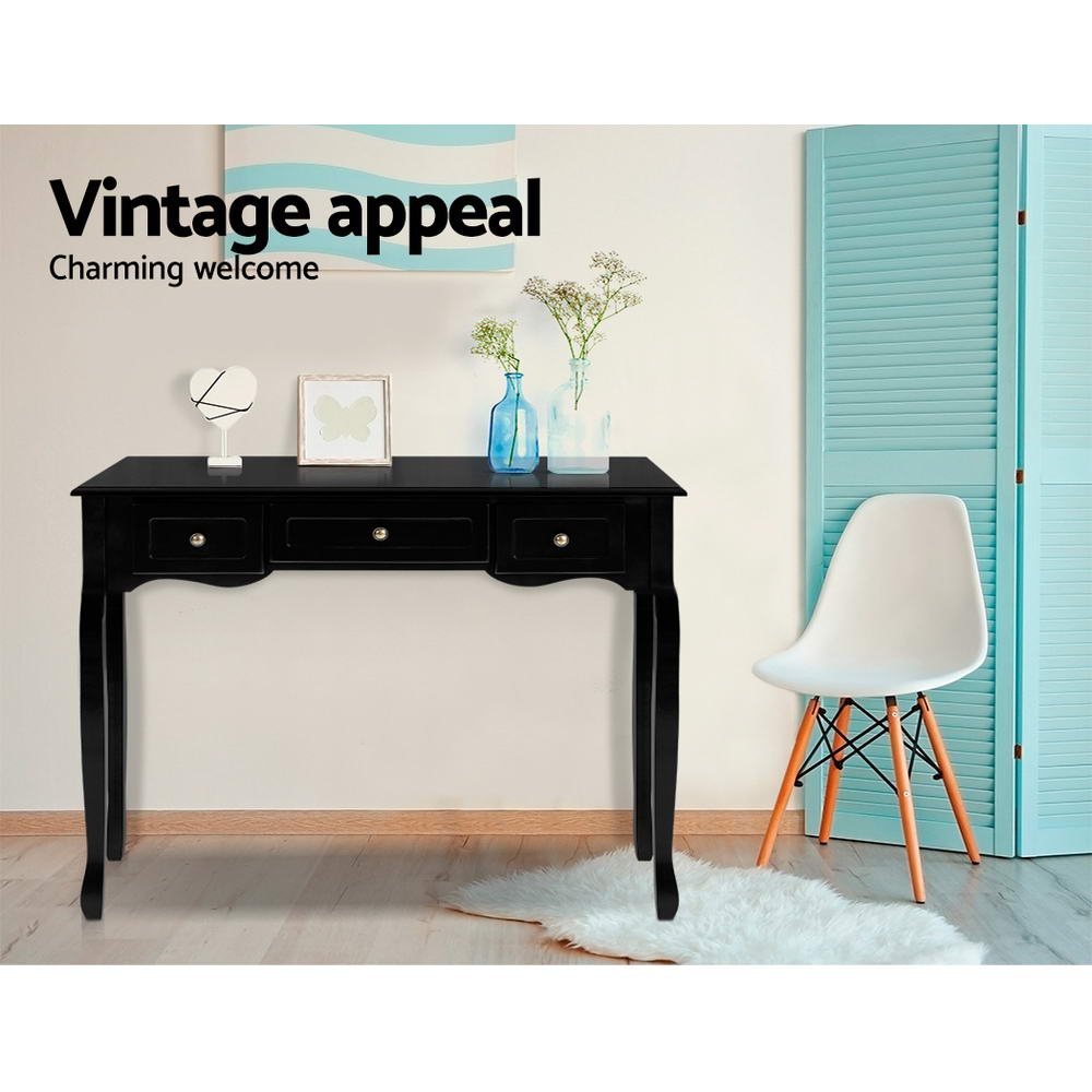 Hamptons Black Console Table 3 Drawers Vintage Style