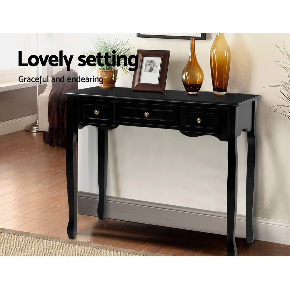 Hamptons Black Console Table 3 Drawers Vintage Style