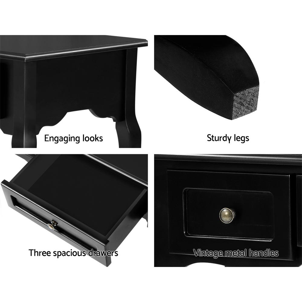 Hamptons Black Console Table 3 Drawers Vintage Style
