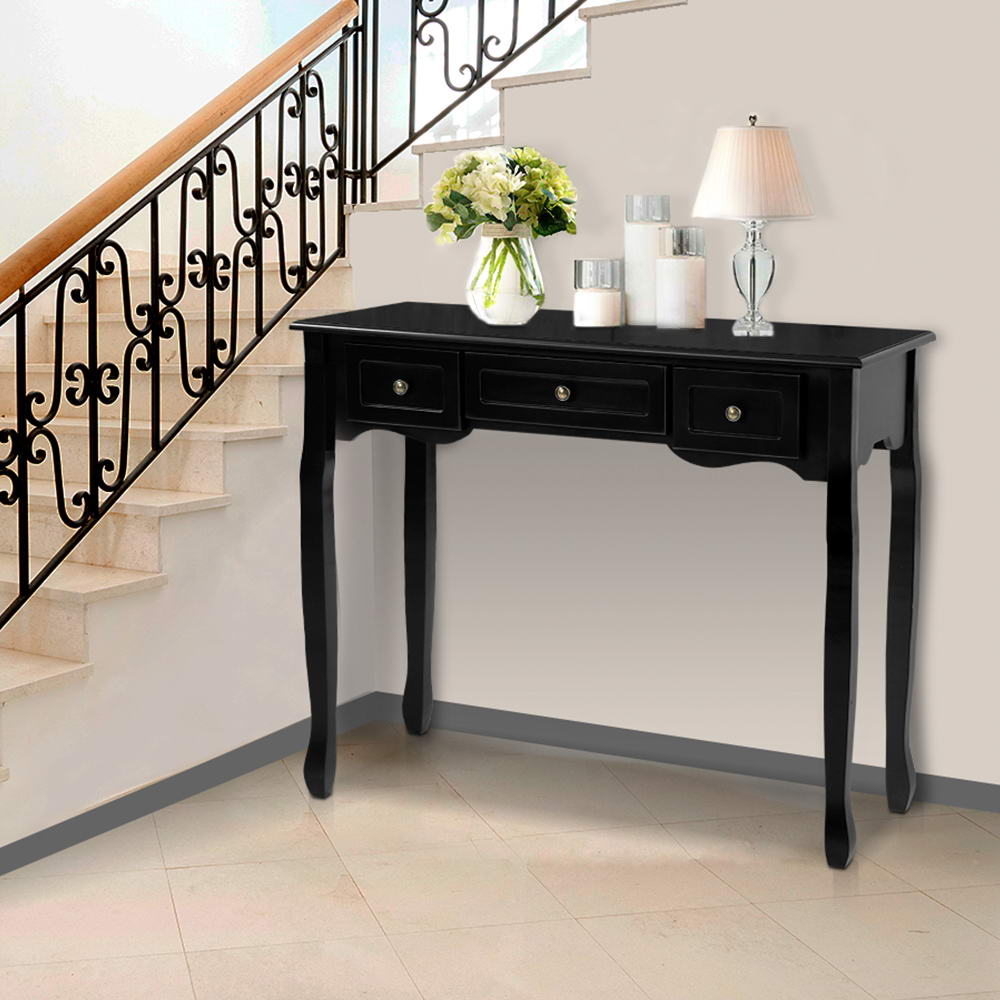 Hamptons Black Console Table 3 Drawers Vintage Style