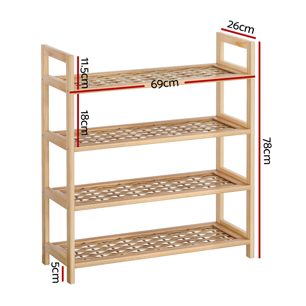 Kia 4-Tier Shoe Rack 12 Pairs Weaved Shelves Pine