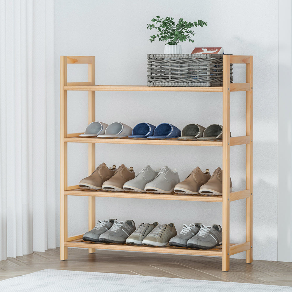 Kia 4-Tier Shoe Rack 12 Pairs Weaved Shelves Pine