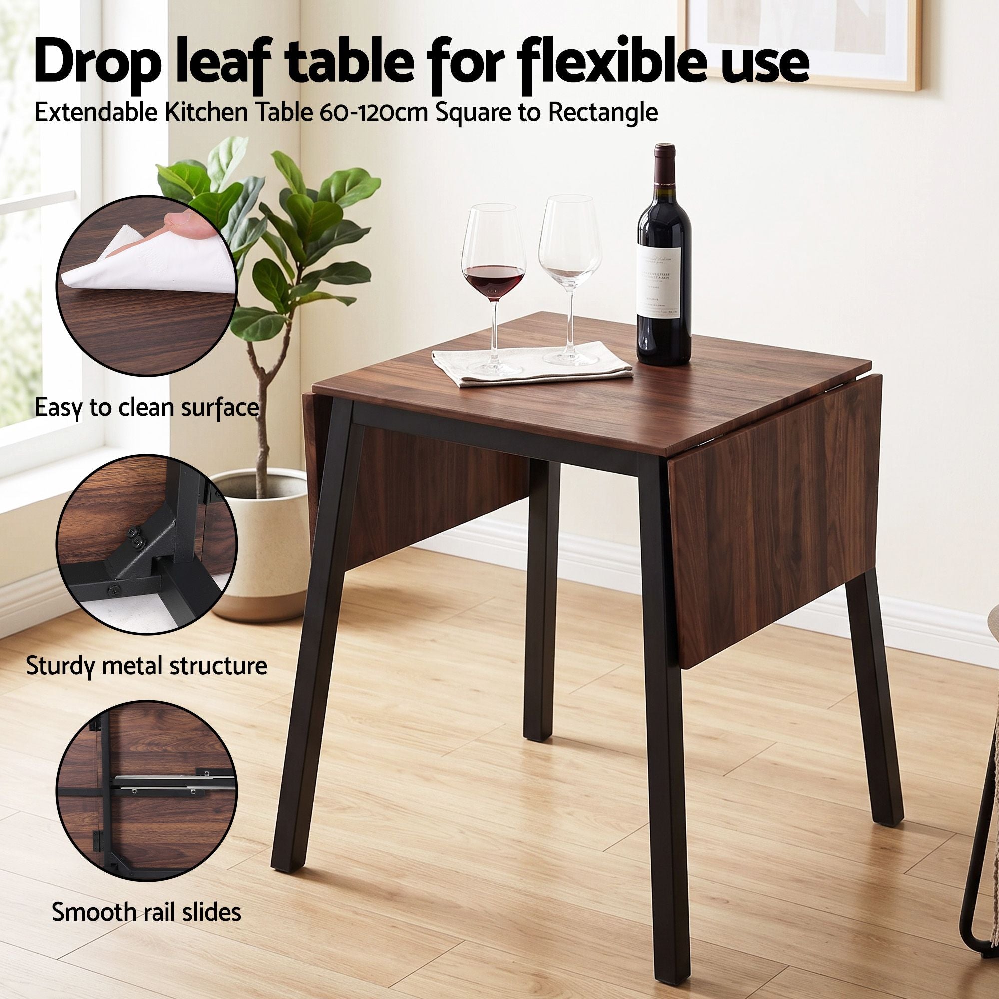 Artiss Dining Table and Chairs Set 5pcs with Extendable 60-120cm Drop-Leaf Table Brown