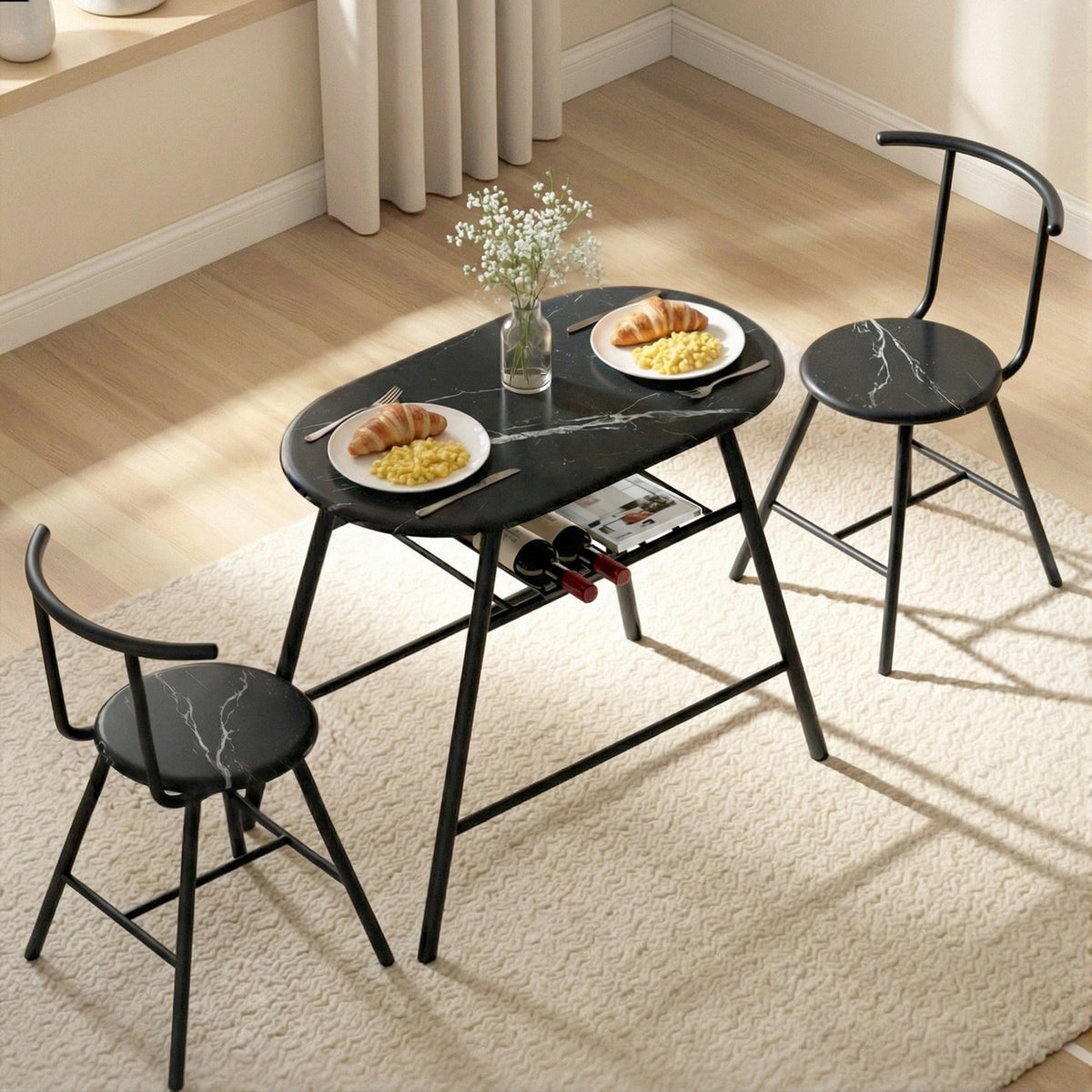 Artiss Dining Table Set 3PC Bistro Kitchen Storage Wine Rack Black Marble Style