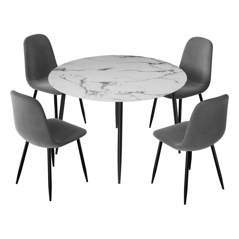 Marble Grey Dining Table Set with 4 Velvet Chairs
