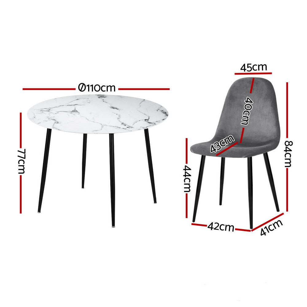 Marble Grey Dining Table Set with 4 Velvet Chairs