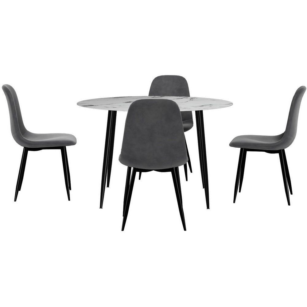 Marble Grey Dining Table Set with 4 Velvet Chairs