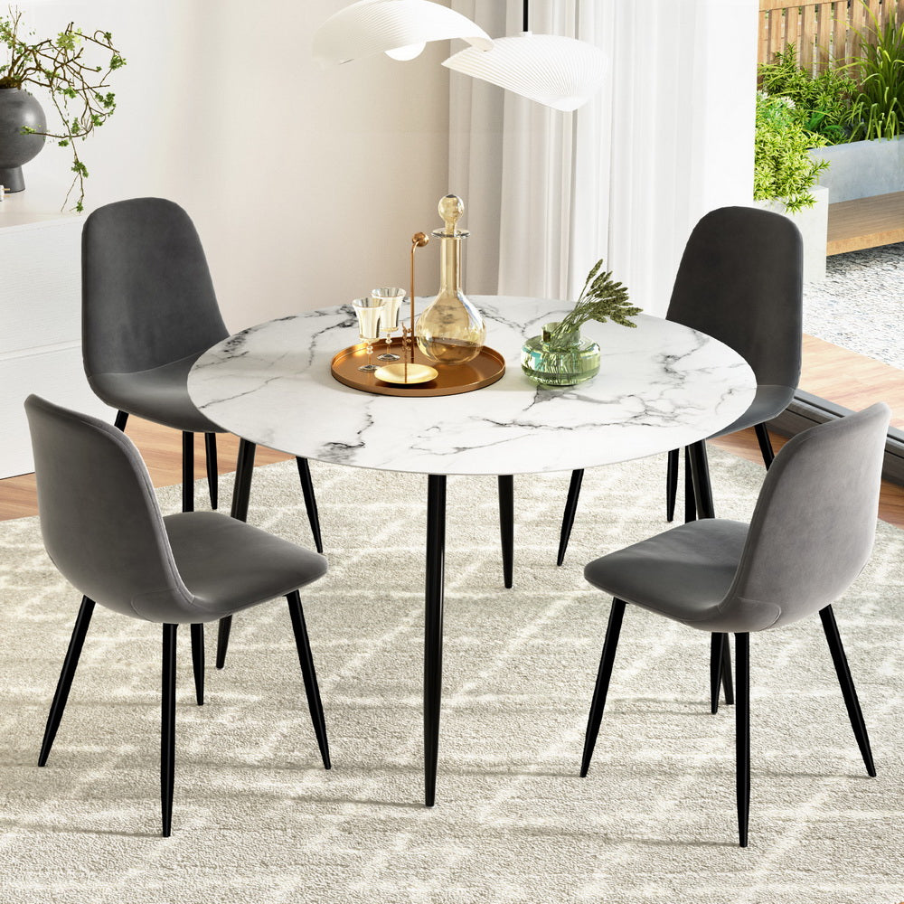 Marble Grey Dining Table Set with 4 Velvet Chairs