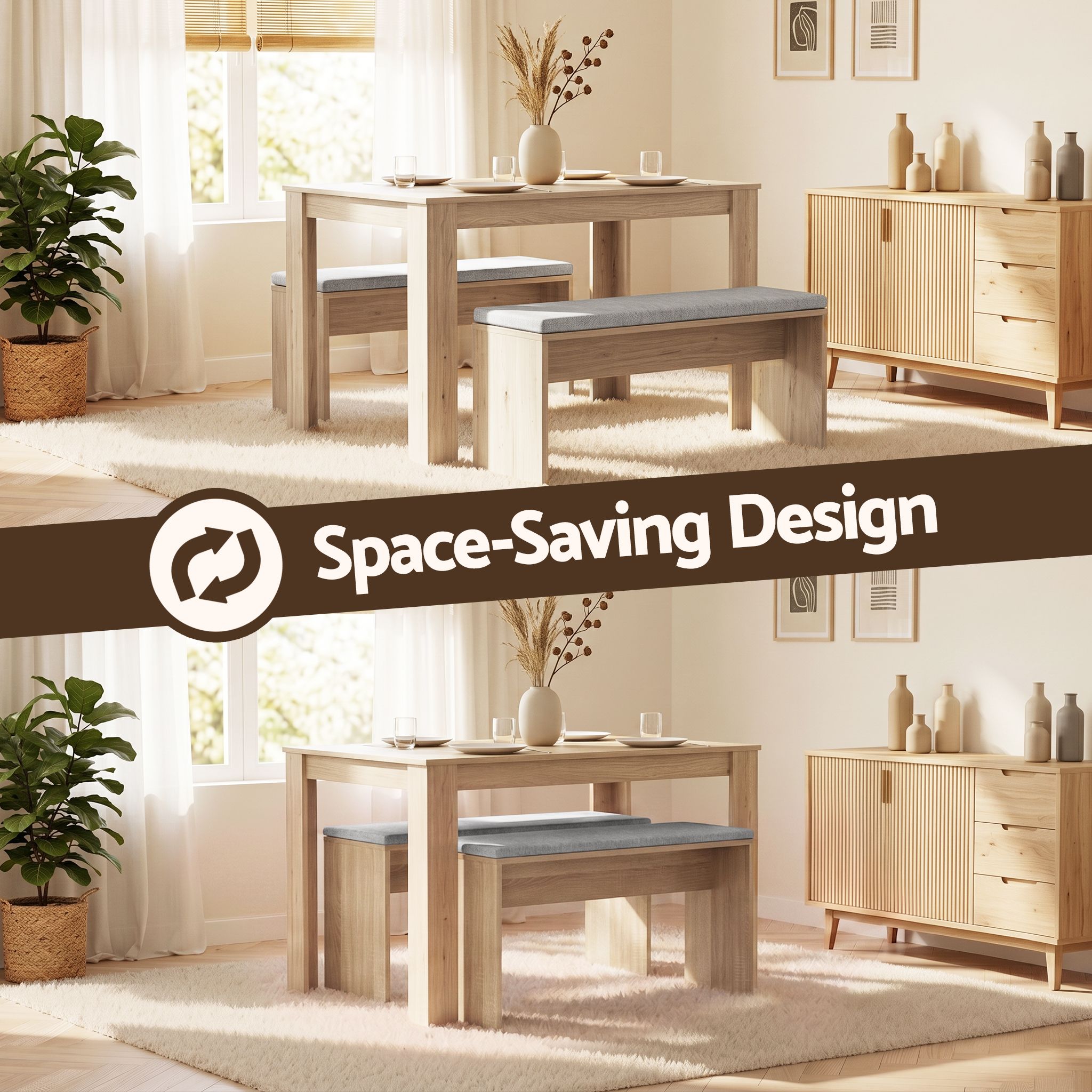 Artiss 3 Piece Dining Sets, 120cm Wooden Dining Table and 2 Upholstered Chairs Set, Space-Saving Modern Kitchen Dining Suite for Home Apartment Oak