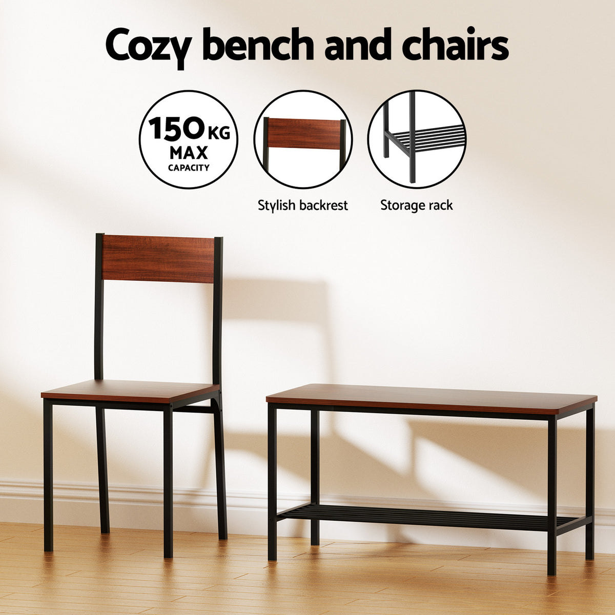 Artiss Dining Table and Chairs Set of 4 Storage Bench Kitchen Furniture Walnut