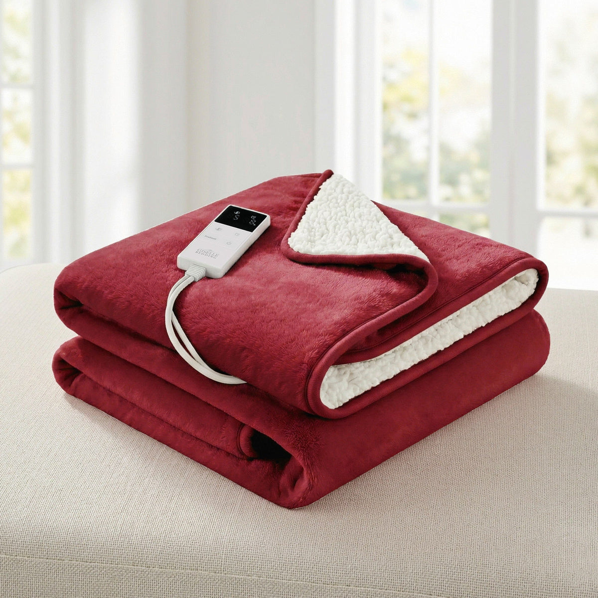 Giselle Electric Heated Throw Rug Double Sided Flannel Burgundy