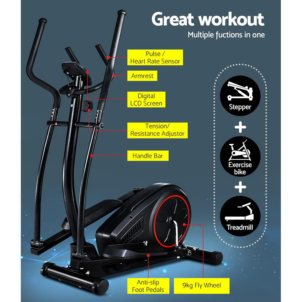 Everfit Elliptical Cross Trainer Exercise Bike LCD Black