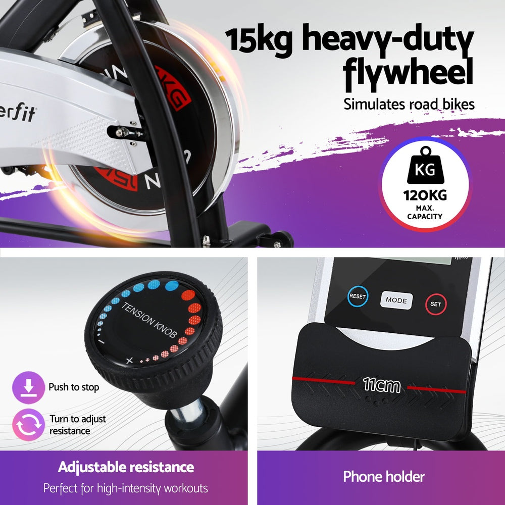 Everfit 15kg Flywheel Spin Bike Home Gym Fitness 120kg Capacity