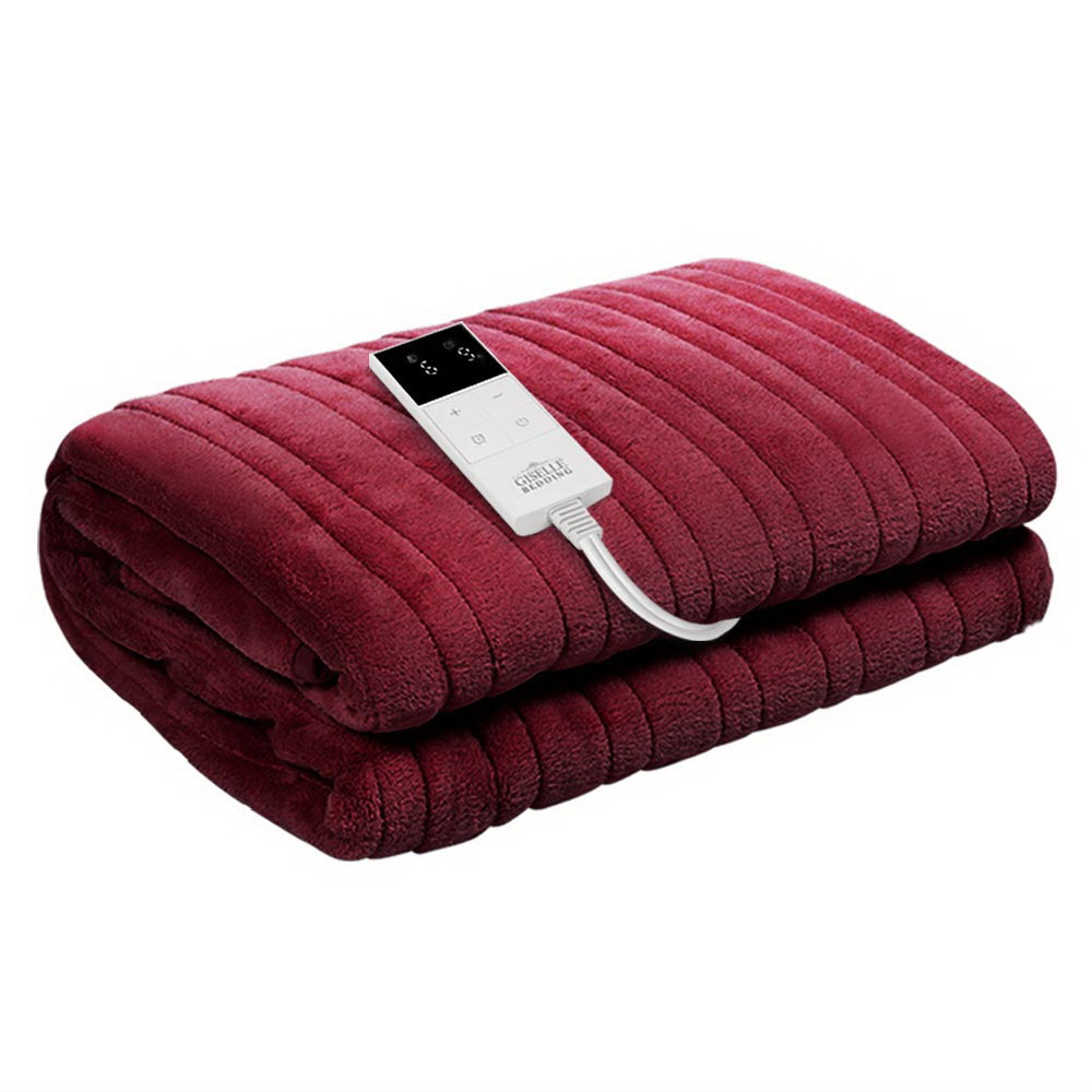 Giselle 160x130cm Heated Throw Rug Fleece Burgundy