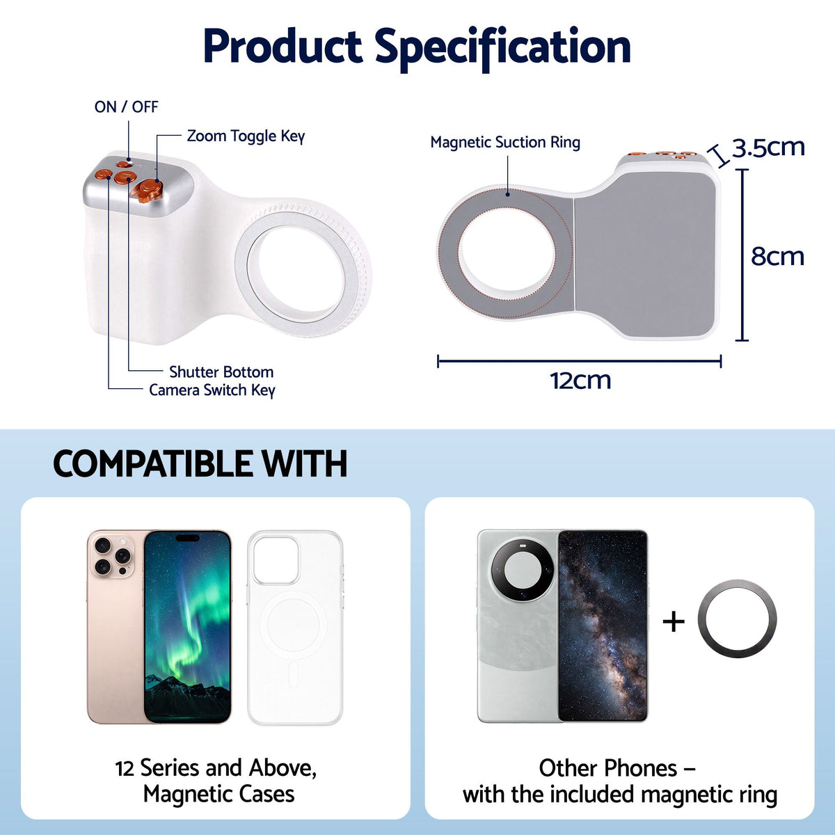 Devanti Magnetic Phone Camera Grip Ergonomic Hanlder Detachable Bluetooth Remote