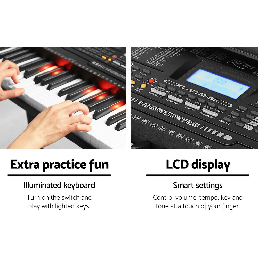 Alpha 61-Key Electronic Piano Keyboard Lighted Black