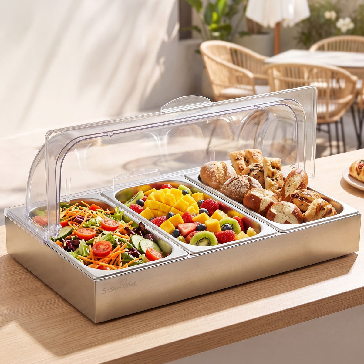 5-Star Chef 3 Pan Food Serving Display with Clear Roll-Top Cover