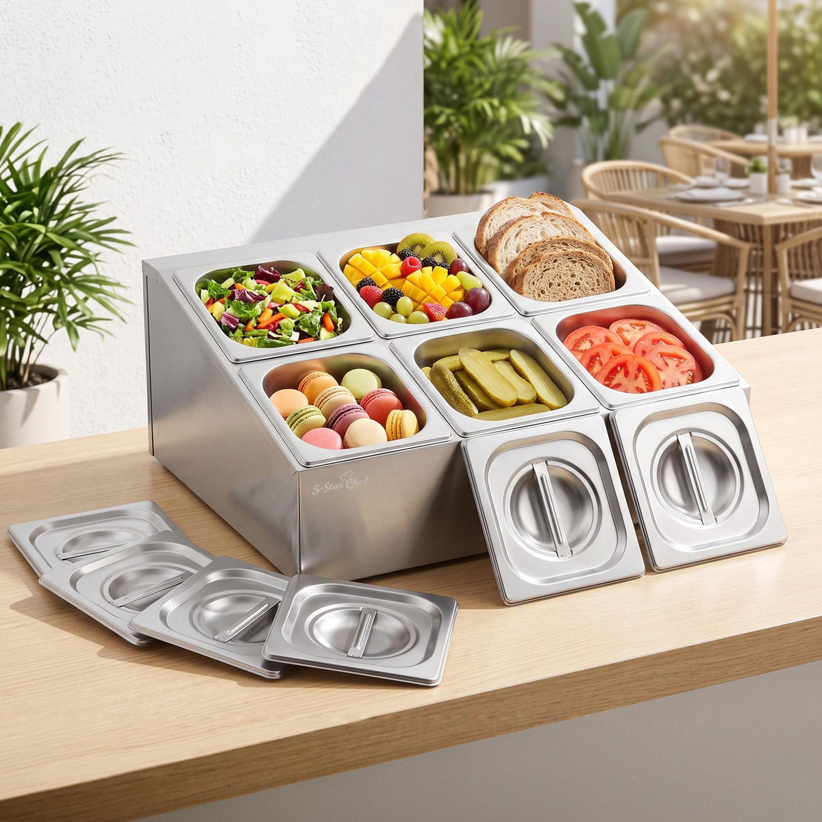 5-Star Chef 6 Pan Stainless Steel Food Display Container with Lids