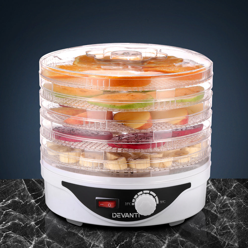 Devanti 5 Tray Food Dehydrator Fruit and Beef Jerky Dryer White