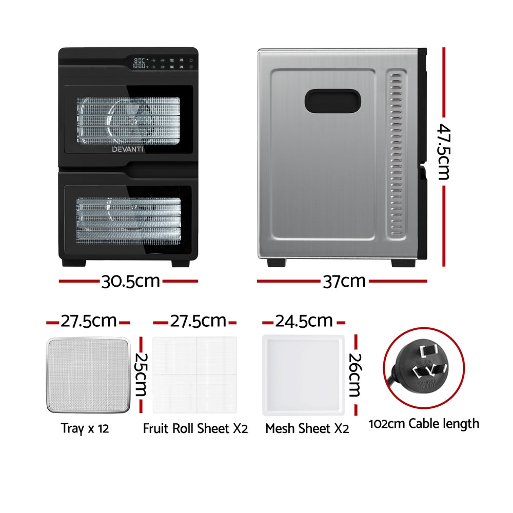 Devanti 12-Tray Food Dehydrator Dual-Zone Stainless Steel Jerky Dryer