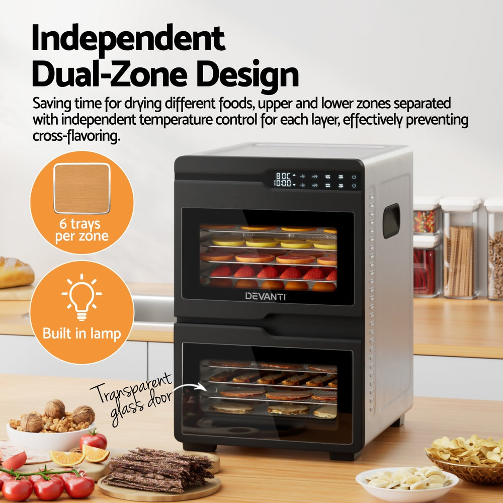Devanti 12-Tray Food Dehydrator Dual-Zone Stainless Steel Jerky Dryer
