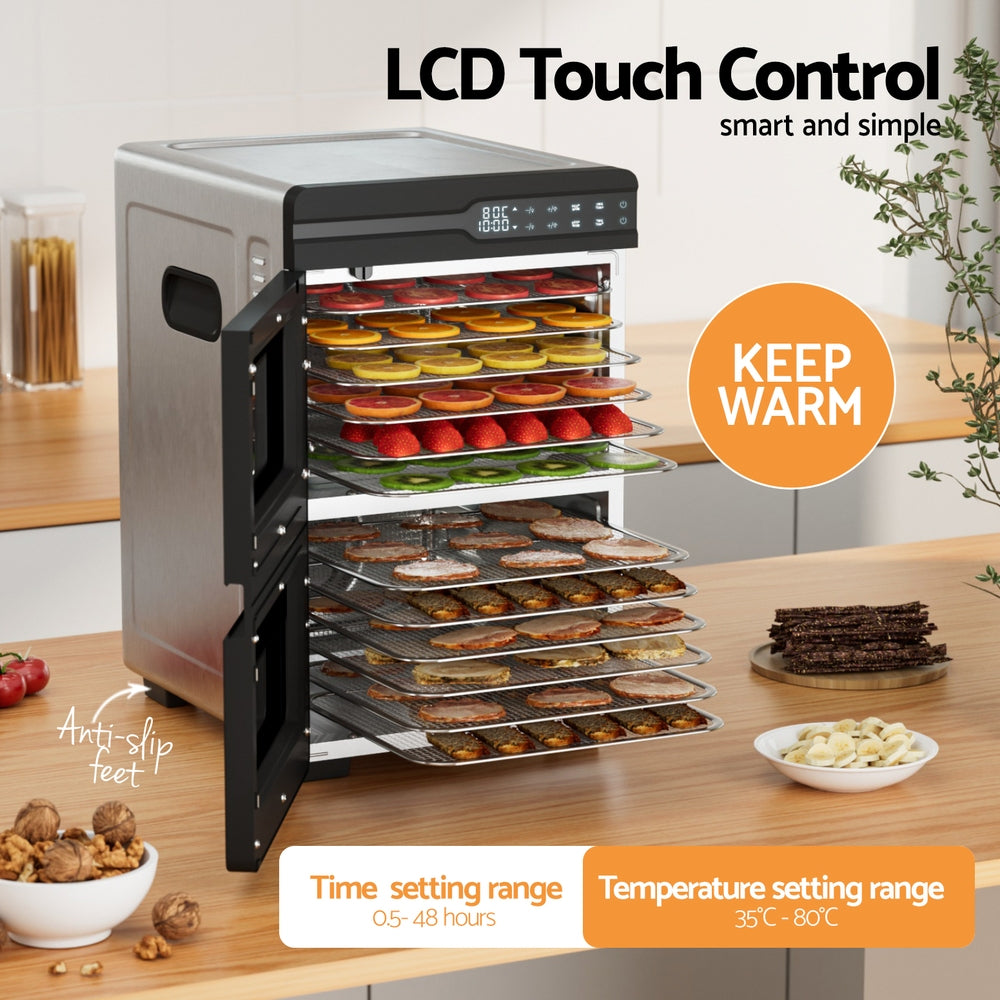 Devanti 12-Tray Food Dehydrator Dual-Zone Stainless Steel Jerky Dryer