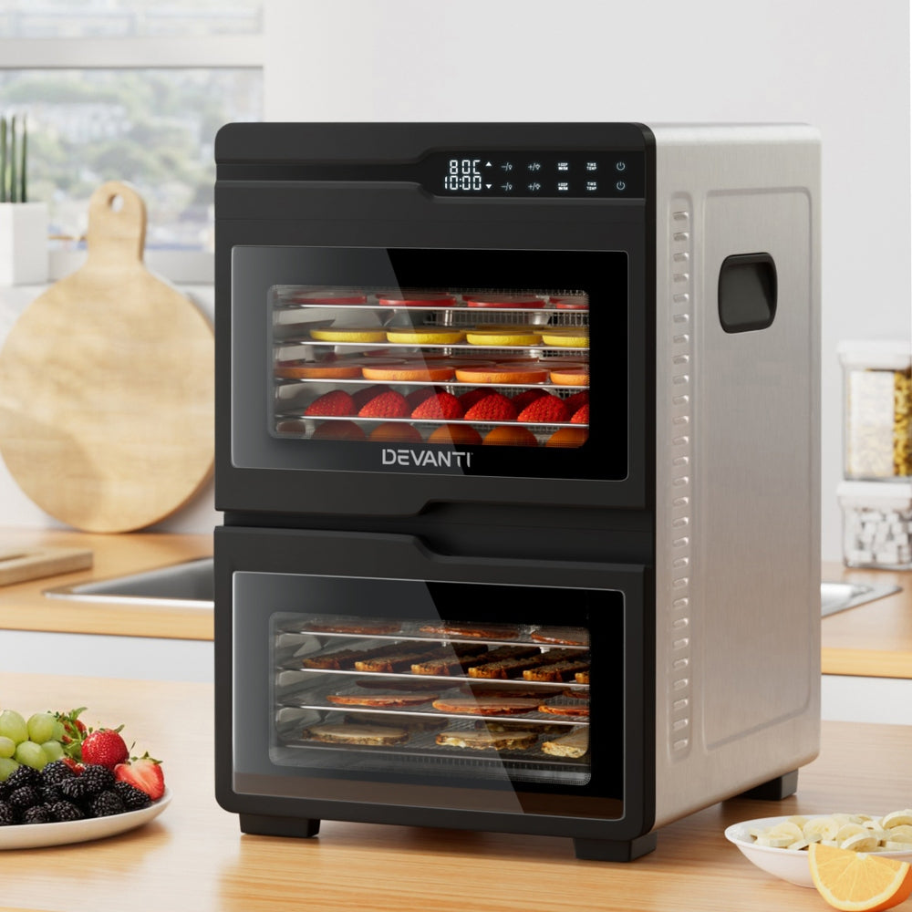 Devanti 12-Tray Food Dehydrator Dual-Zone Stainless Steel Jerky Dryer