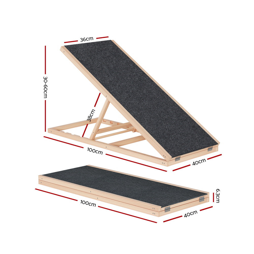 i.Pet 100cm Dog Ramp Adjustable Wooden Steps Foldable Pine/Dark Grey