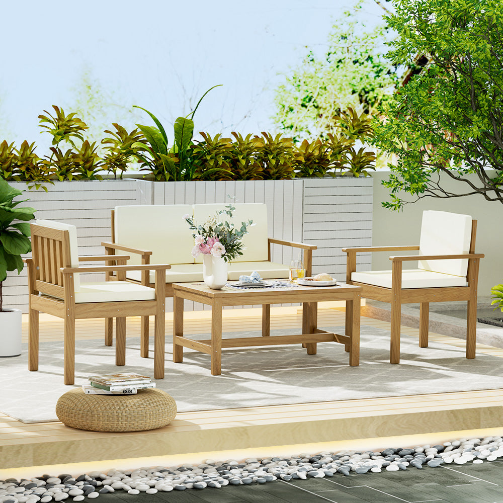 Gardeon 4-Seater Outdoor Sofa Set Wooden Brown Lounge with White Cushions
