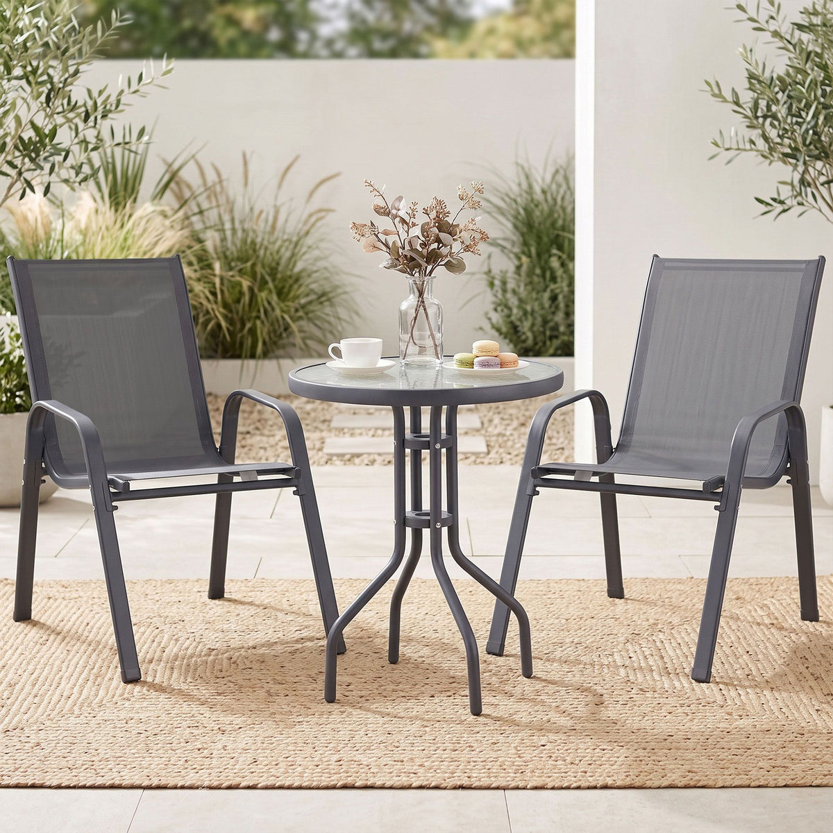 Gardeon 3PC Outdoor Bistro Set Table and Chairs Grey