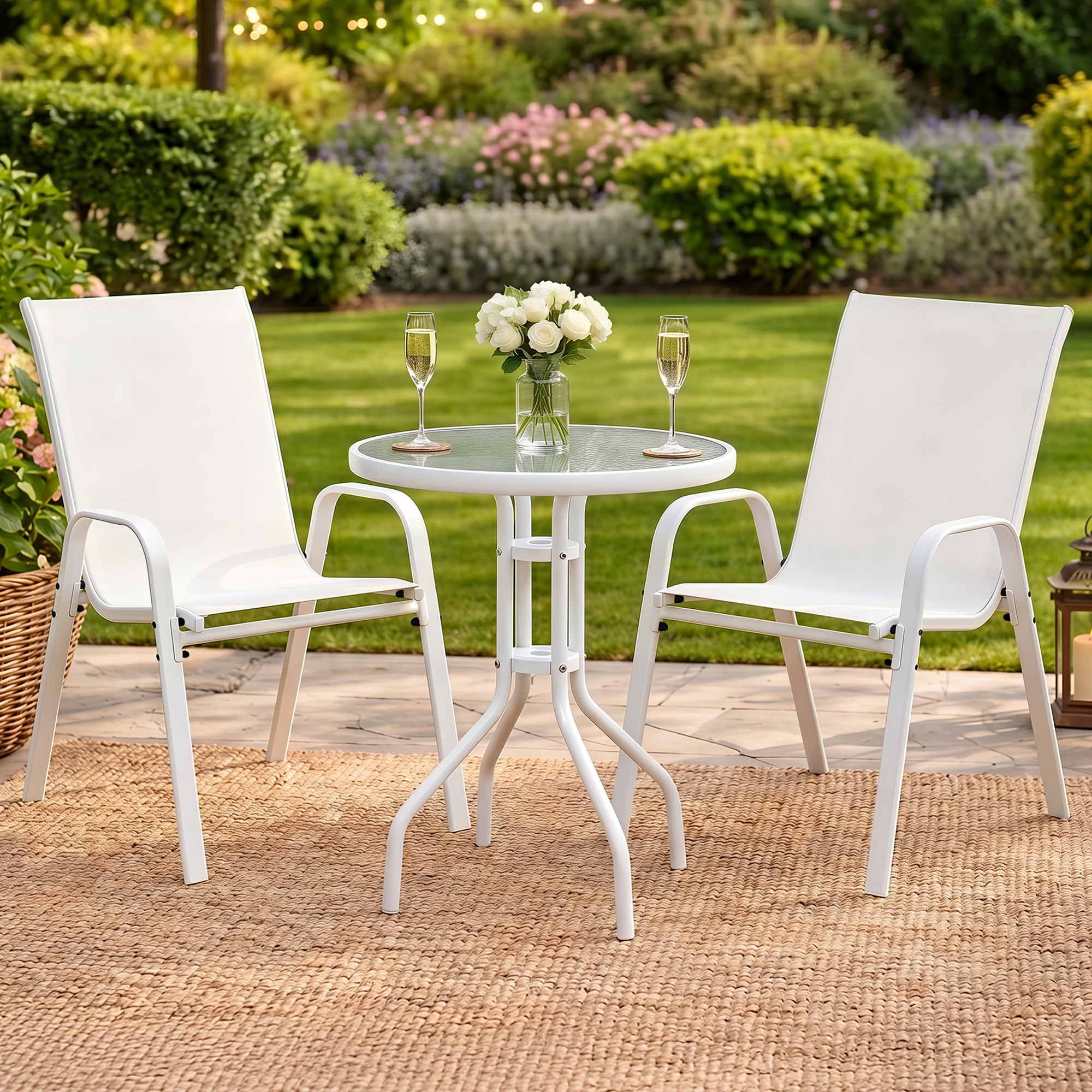 Gardeon 3PC Outdoor Bistro Set Stackable Table and Chairs White