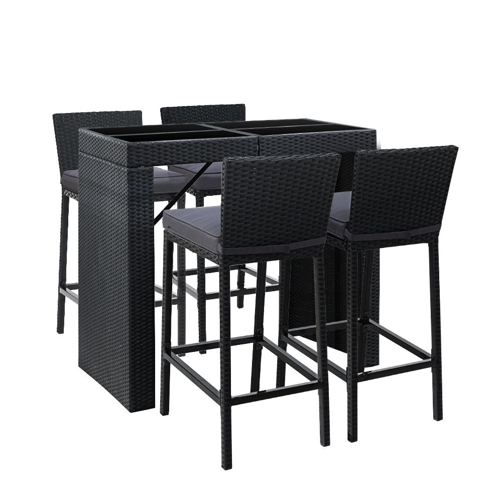 Gardeon 5-Piece Outdoor Bar Set Wicker Patio Dining Black/Grey