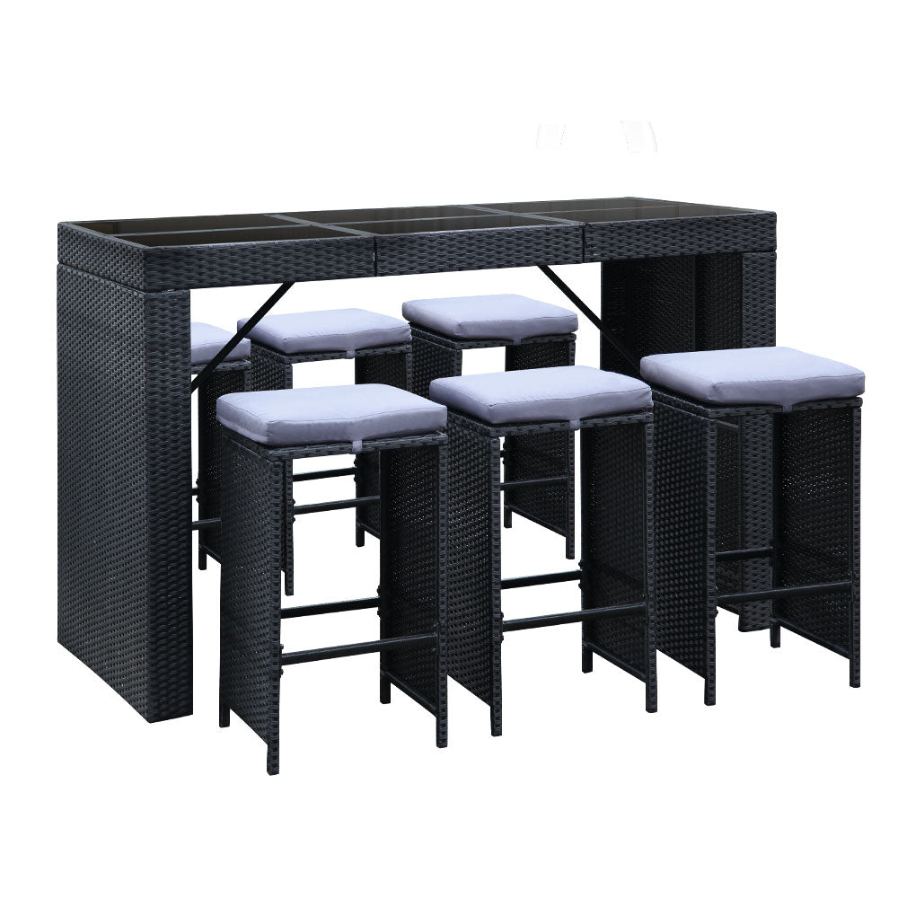 Gardeon 7-Piece Outdoor Bar Set Wicker Dining Table Stools Black