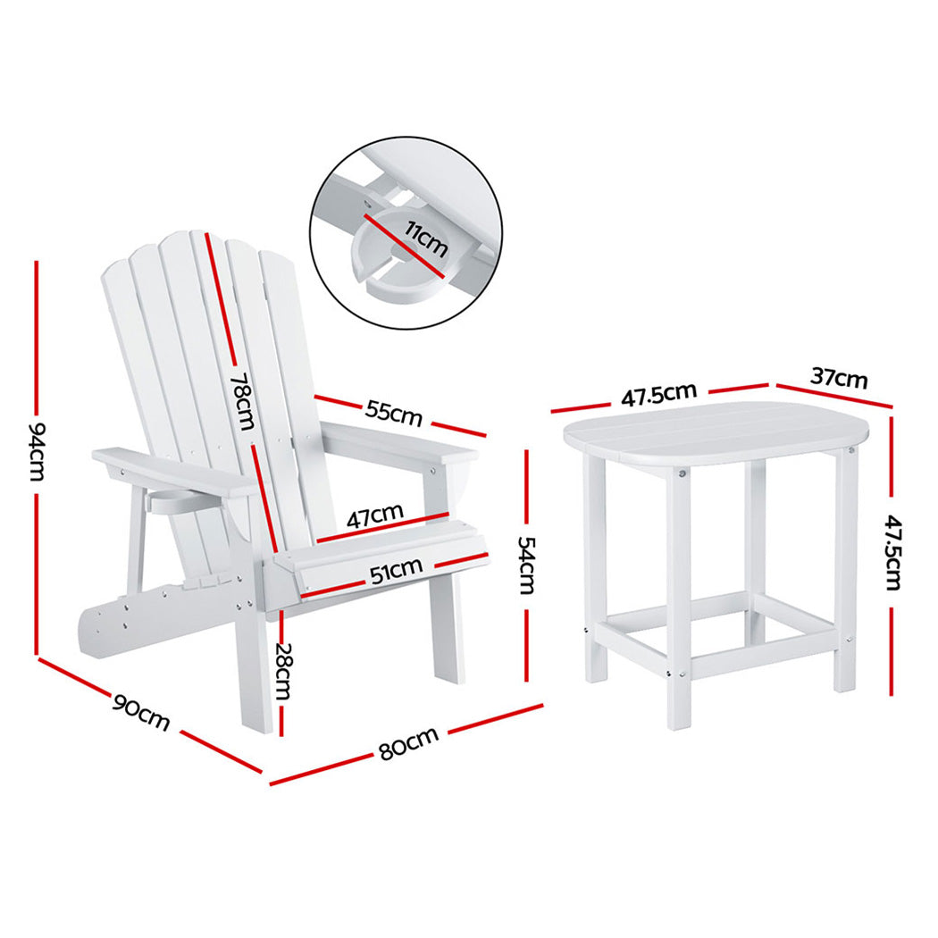 Gardeon 3-Piece Outdoor Furniture Set White Adirondack Chairs and Table