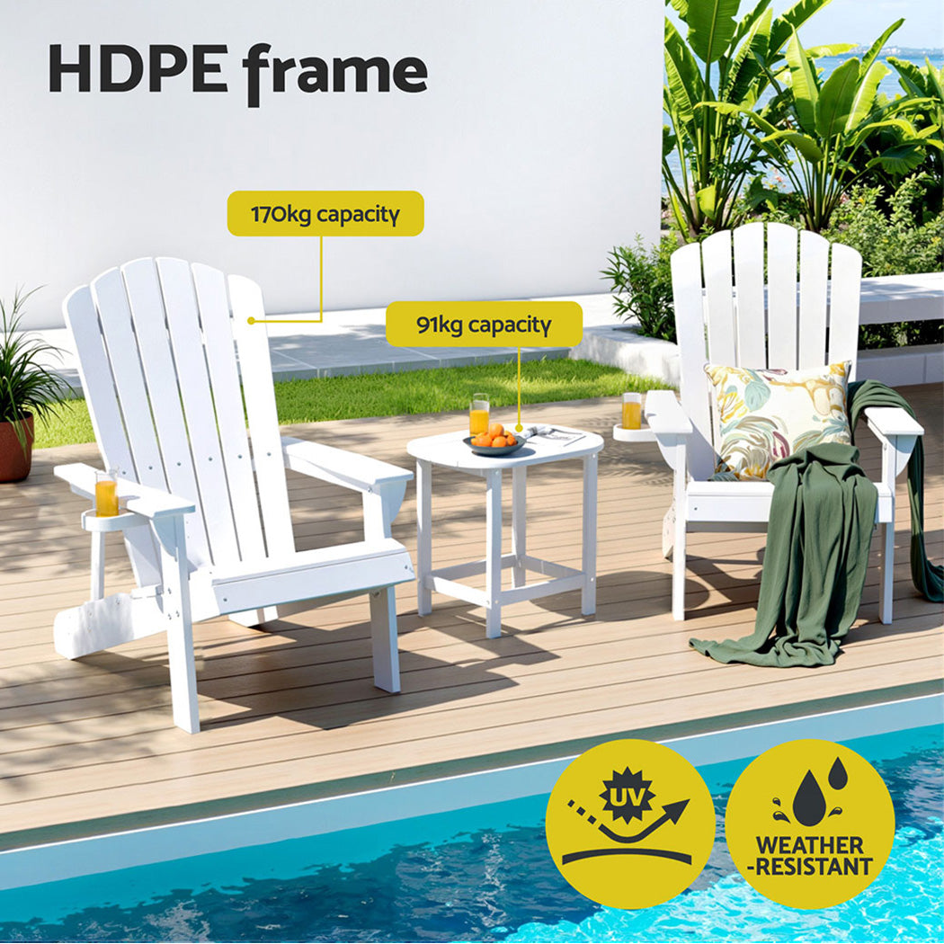 Gardeon 3-Piece Outdoor Furniture Set White Adirondack Chairs and Table